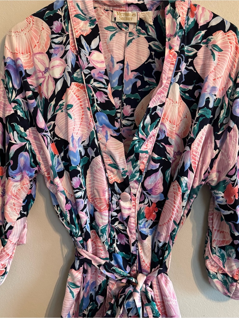 Vtg Victoria's Secret Gold Label Silk Robe Floral Seashell Kimono Mermaid